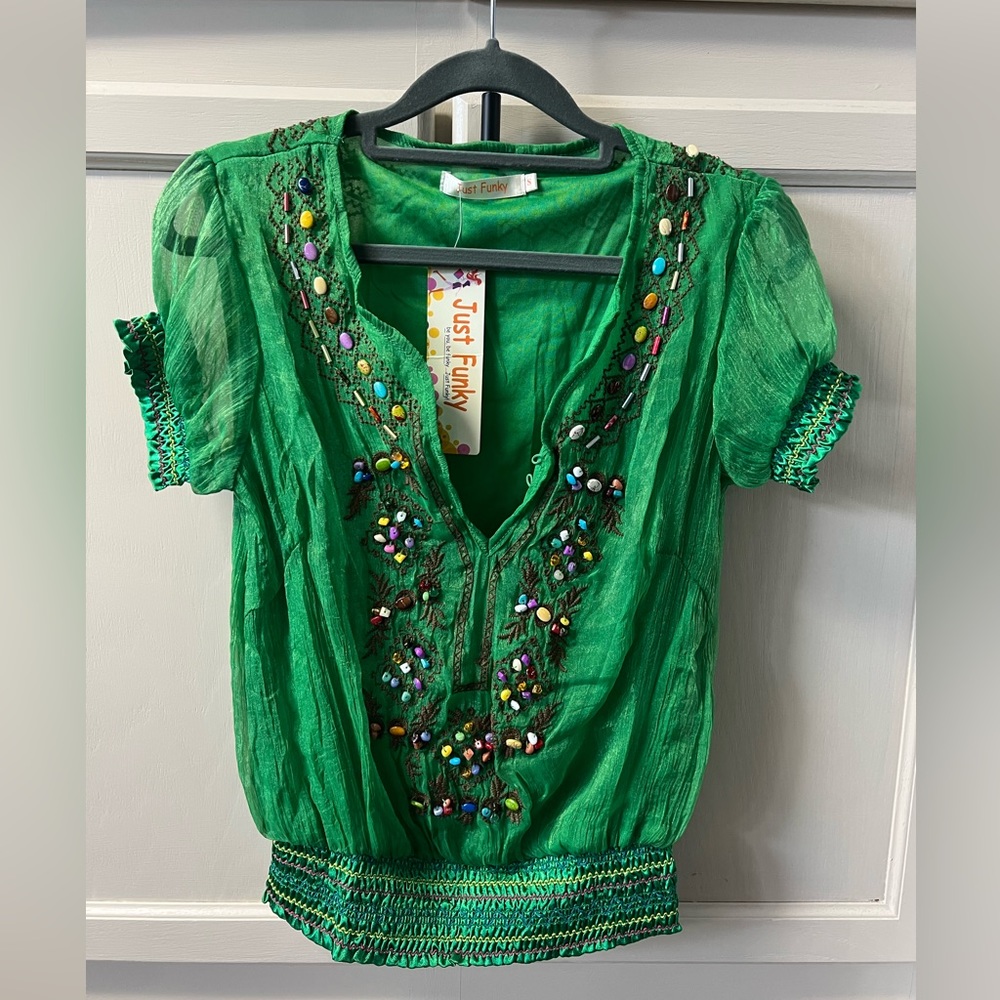 012 Just Funky Bright Green Beaded Blouse